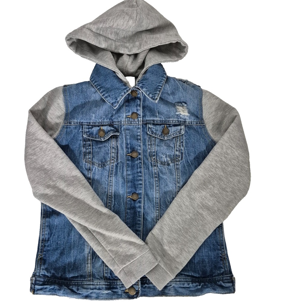 Life in Progress Forever 21 Jean jacket Womens Small Blue Denim Hooded Button Up
